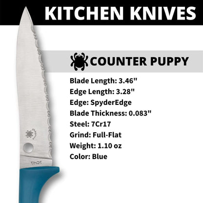 Spyderco Counter Puppy 6.9" Kitchen Knife with 3.46" Corrosion-Resistant 7Cr17 Stainless Steel Blade and Injection-Molded Blue Plastic Handle - SpyderEdge - K20SBL