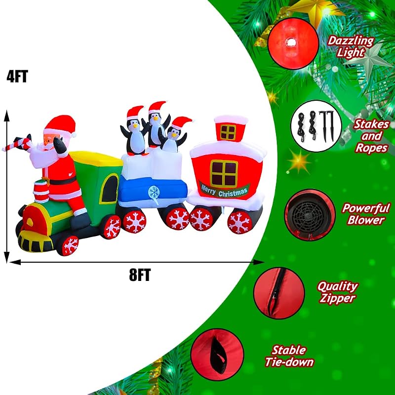 8 Ft LED Lighted Christmas Train Inflatable with Santa & Penguin Decorations