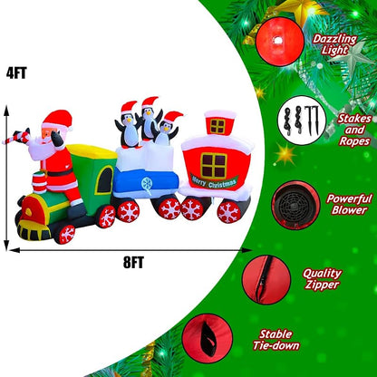 8 Ft LED Lighted Christmas Train Inflatable with Santa & Penguin Decorations