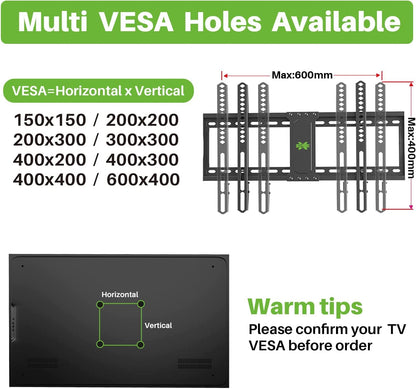 USX MOUNT Fixed TV Wall Mount,Low Profile TV Mount for Most 37-86 Inch Flat Screen Televisions,Max VESA 600x400mm Wall Mount Bracket Holds up to 132 lbs,Fits 16"/18"/24" Wood Studs,Quick Release Lock