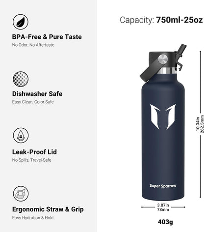 Super Sparrow Insulated Water Bottle - BPA-Free, Leak-Proof Flask | Ergonomic Straw - 17 Oz, 25 Oz, 34 Oz