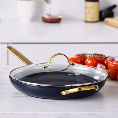 GreenPan Reserve Hard Anodized Healthy Ceramic Nonstick 12" Frying Pan Skillet with Helper Handle and Lid, Gold Handle, PFAS-Free, Dishwasher Safe, Oven Safe, Black