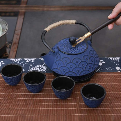 COOGOU Japanese Style Cast Iron Teapot Set with 4 Tea Cups Iron Tea Kettle with Infuser Hemp Rope Trivet Asian Gift for Adults Parents (Fish Scale Pattern, Blue,Anti Rust)