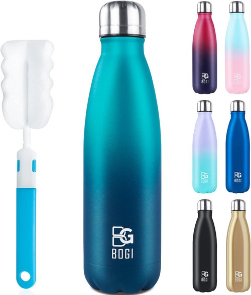 BOGI Insulated Water Bottle - 17oz Stainless Steel, Leak-Proof Design | Keeps Drinks Cold for 24 Hours, Hot for 12 Hours (Blue)