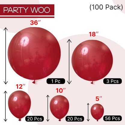 PartyWoo Maroon Balloons - 100 Pcs Dark Red Burgundy Balloon Arch Kit | 5-36 Inch Sizes for Events