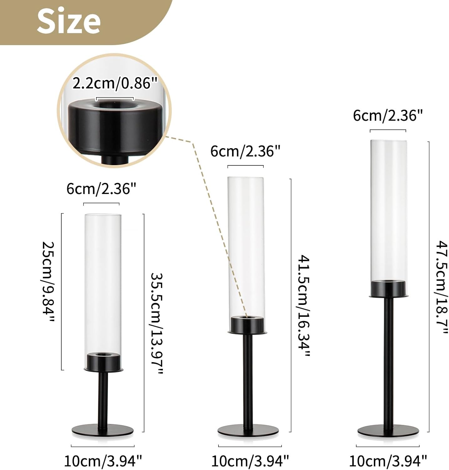 NUPTIO Black Candlestick Holders - Set of 3 Hurricane Taper Holders with Windproof Glass Cover for Elegant Table Decor