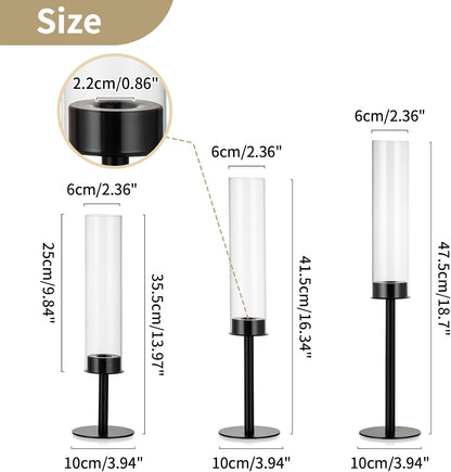 NUPTIO Black Candlestick Holders - Set of 3 Hurricane Taper Holders with Windproof Glass Cover for Elegant Table Decor