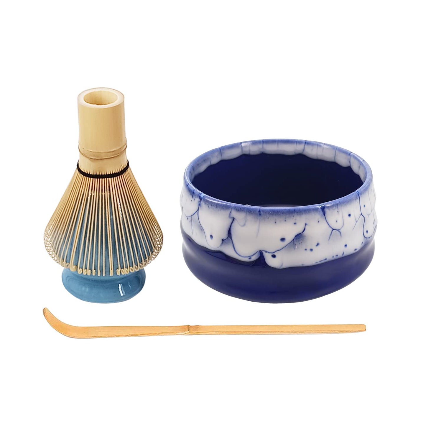 Japanese Matcha Tea Set, Unique Matcha Set - Blue Matcha Bowl Matcha Whisk and Blue Whisk Stand, Traditional Tea Scoop, The Perfect Ceremony Start Up Set to Prepare an Authentic Cup of Matcha