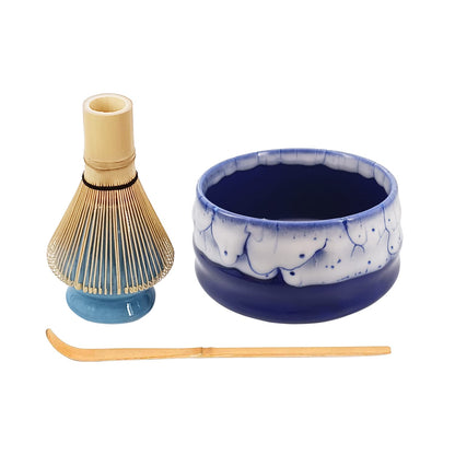 Japanese Matcha Tea Set, Unique Matcha Set - Blue Matcha Bowl Matcha Whisk and Blue Whisk Stand, Traditional Tea Scoop, The Perfect Ceremony Start Up Set to Prepare an Authentic Cup of Matcha