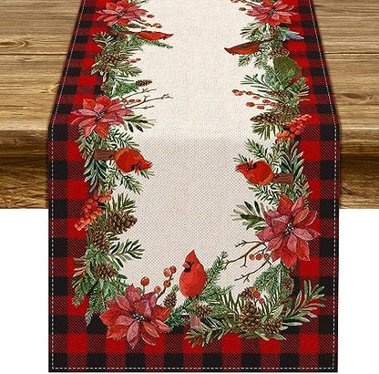 Holiday Christmas Table Runner 13x108 Inch Buffalo Plaid Poinsettia Holly