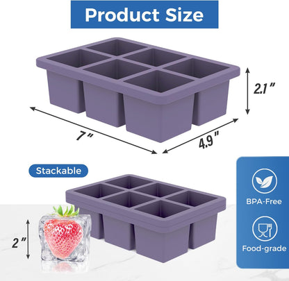 Mossime Silicone Ice Cube Tray - 2-Pack Large 2-Inch Whiskey Molds with Lid | Easy Release for Cocktails & Baby Food