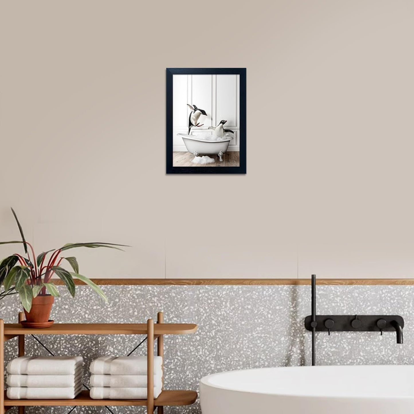 Skiennix Kids Bathroom Wall Decor - Funny Black & White Canvas Print of Cute Penguins in Bathtub