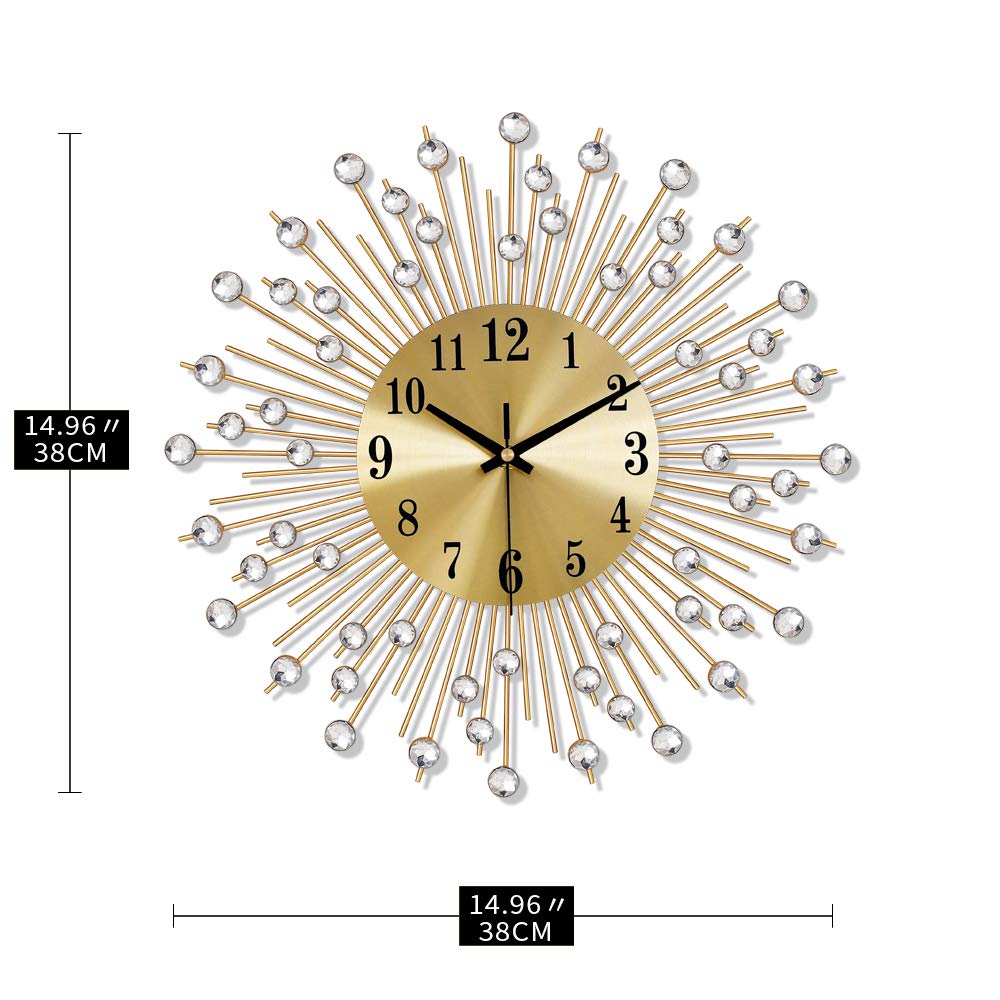 YIJIDECOR Large Wall Clocks for Living Room Decor Modern Gold Silent Wall Clock Battery Operated Non-Ticking for Bedroom Kitchen Home Decorative 14 Inch Round Metal Crystal Wall Watch for Office