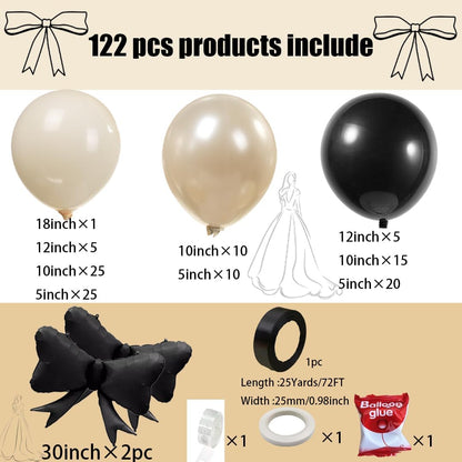 Black Bow Birthday Party Decorations - 122pcs Double Stuffed Pearl & Foil Balloons for Girls' Celebrations