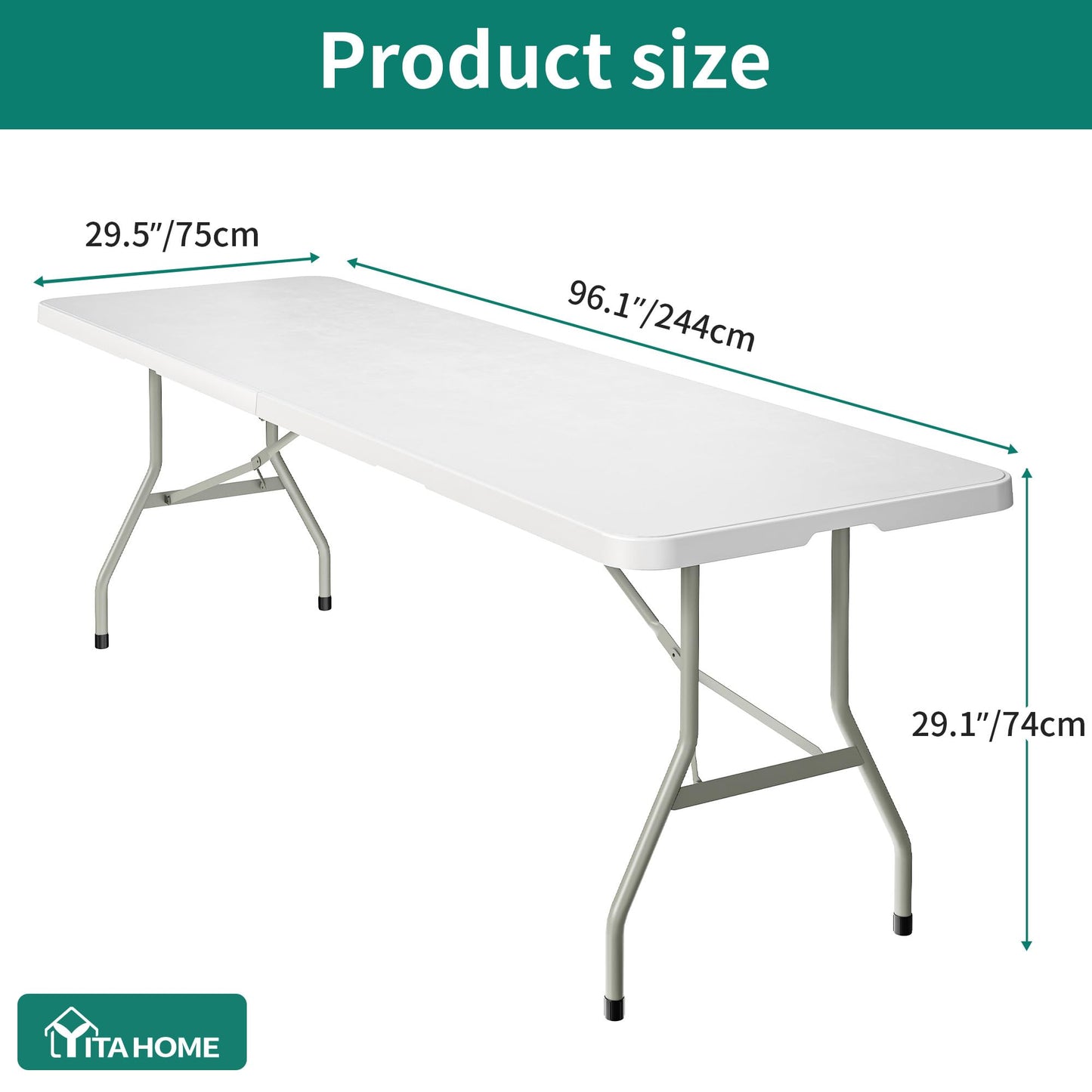 YITAHOME 8FT Folding Tables, Heavy Duty Folding Table with Carrying Handle, Plastic Fold up Table for Outdoor Camping Picnic Parties/Indoor Events, White