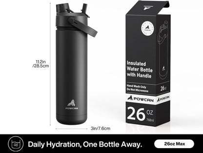 POWCAN 26 oz Insulated Water Bottle - 2-in-1 Straw & Spout Lid | Leak-Proof, Keeps Drinks Cold 24H, Dark Knight