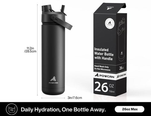 POWCAN 26 oz Insulated Water Bottle with 2-in-1 Straw and Spout Lid, Keep Cold 24H, Leak-Proof, Fits in Car Cup Holder, Stainless Steel Water Bottle for Sports, Travel, and School (Dark Knight)
