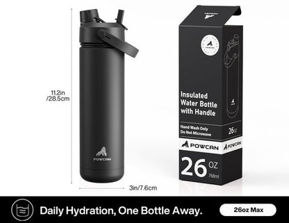 POWCAN 26 oz Insulated Water Bottle with 2-in-1 Straw and Spout Lid, Keep Cold 24H, Leak-Proof, Fits in Car Cup Holder, Stainless Steel Water Bottle for Sports, Travel, and School (Dark Knight)