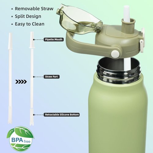BJPKPK Insulated Water Bottle - 45 oz Stainless Steel with Straw & One-Handed Lid | BPA-Free, Light Green