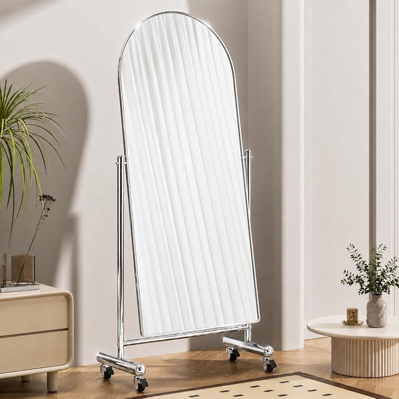 Arched Full Length Mirror with Wheels 65" x 24" - Tilting Stainless Steel Framed Full Body Mirror (Silver)