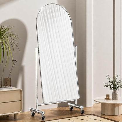 Arched Full Length Mirror with Wheels 65" x 24" - Tilting Stainless Steel Framed Full Body Mirror (Silver)