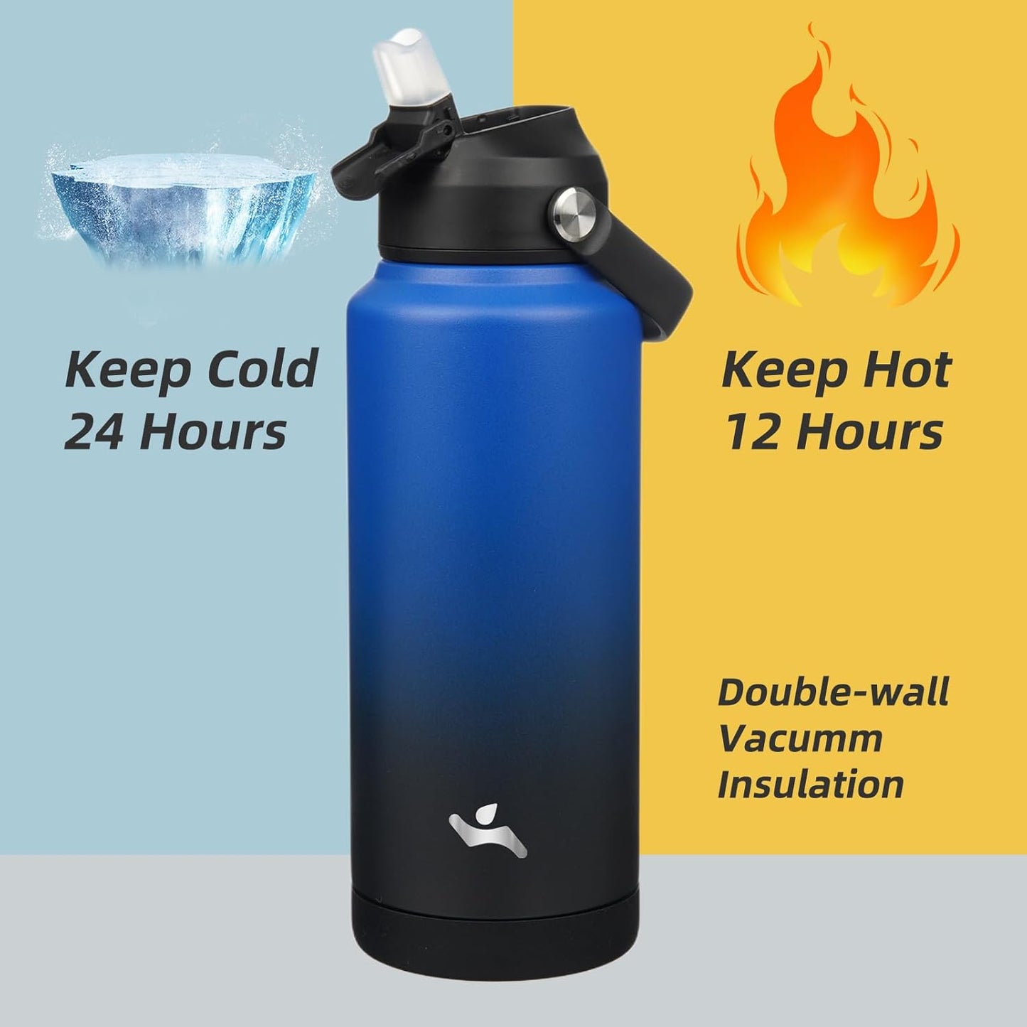 Skiennix Insulated Water Bottle - 32 oz Stainless Steel with Straw Lid & Silicone Handle - Black/Blue
