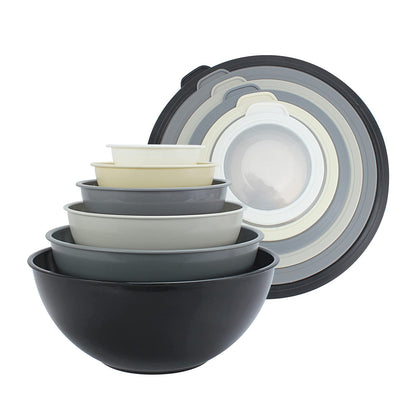 COOK WITH COLOR Mixing Bowls with TPR Lids - 12 Piece Plastic Nesting Set includes 6 Prep and Lids, Microwave Safe Bowl (Black Ombre)