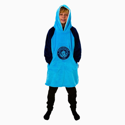 Manchester City FC Oversized Wearable Fleece Blanket, Super Warm and Cosy Premium Sherpa Lined, Design Perfect For Kids Aged 7-12 Years, One Size