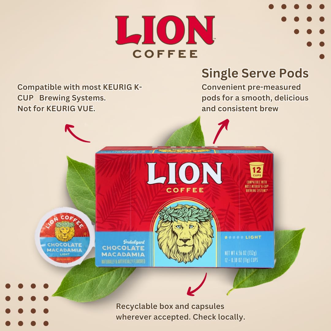 Lion Coffee Chocolate Macadamia Flavored Medium Roast Coffee, Single-Serve Coffee Pods, Compatible with Keurig® Brewers, Hawaiian Inspired Taste - (12 Count Box)