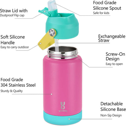 Skiennix Kids Insulated Water Bottle - 12oz Leak-Proof Straw Lid & Silicone Handle | Rose Pink