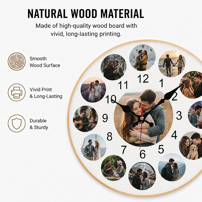 Photo Wall Clock - Personalized Wooden Round Clock (Variation Style03-13photos) – Custom Photo Gift