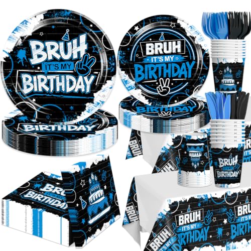 Bruh Its My Birthday Decorations Tableware Set - 98Pcs Blue & Black Party Supplies