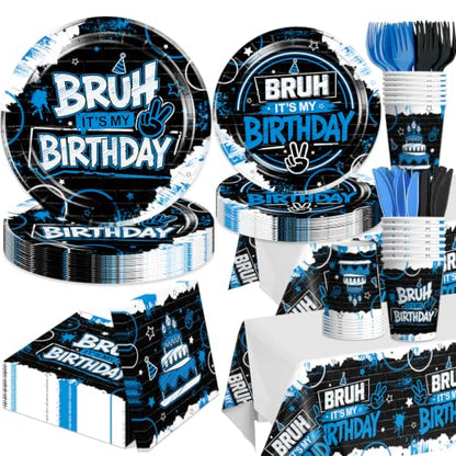 Bruh Its My Birthday Decorations Tableware Set - 98Pcs Blue & Black Party Supplies