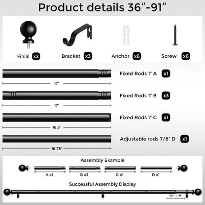 Wolistsa Curtain Rods 48 to 84 Inch, Black 1 Inch Adjustable Heavy Duty Curtain Rods for Windows, Decorative Modern Window Treatment Rod, Telescopic Splicing Metal Drapery Pole, Easy Installation