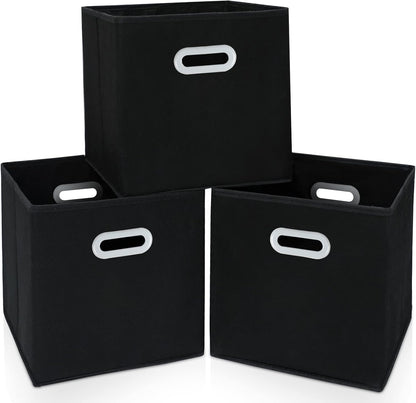 Skiennix Fabric Storage Bins - Foldable Cube Organizer with Dual Handles | Set of 3, Black