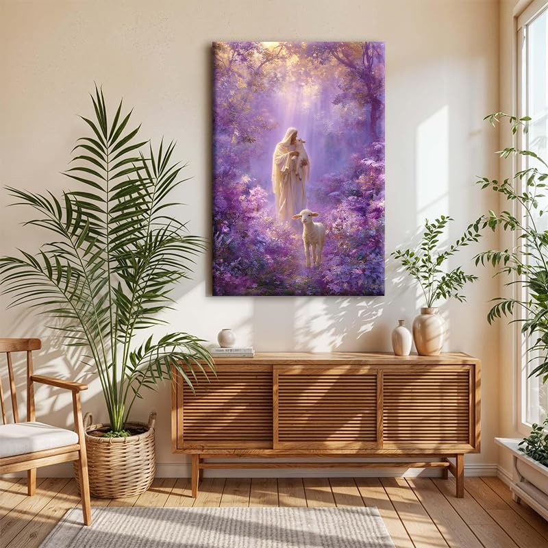 Shepherd with Lambs Purple Enchanted Forest Canvas Wall Art - 24x36 Inches