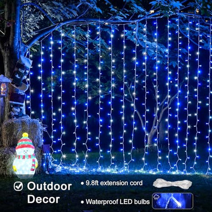 Blue and White Christmas Curtain Lights 300 LEDs 9.8x9.8ft with Remote