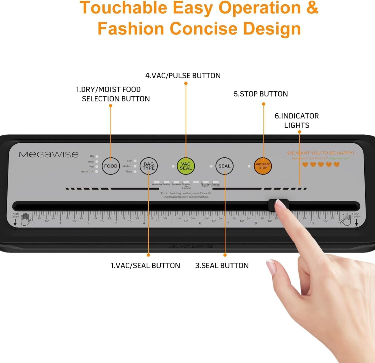 MEGAWISE Vacuum Sealer Machine - Powerful One-Touch Automatic Design | Seals in 10-20 Seconds | Includes 10 Bags & Cutter (Grey)