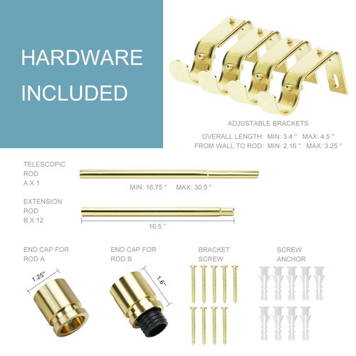 Byondeth Curtain Rods for Windows 16 to 200 Inches Adjustable Length 1 Inch Diameter Window Curtain Rod with Aluminium Finials, Gold