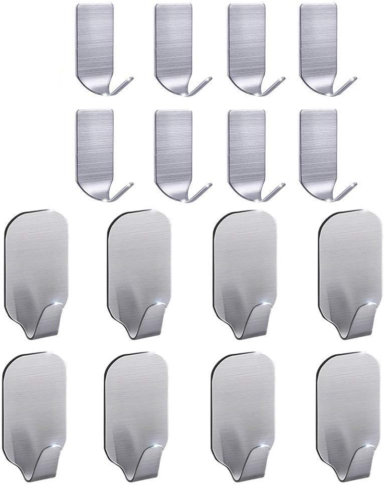Adhesive Hooks | Strong Waterproof Stainless Steel Wall Hangers for Bathroom & Kitchen - 16 Pack
