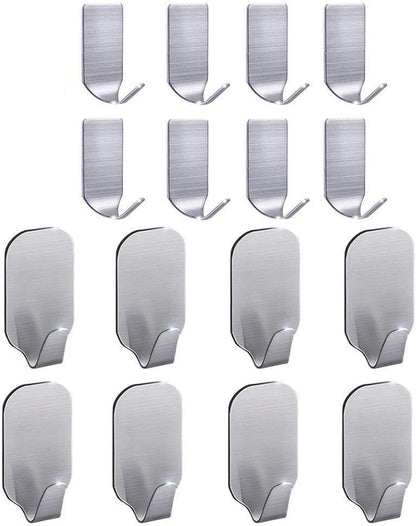 Adhesive Hooks | Strong Waterproof Stainless Steel Wall Hangers for Bathroom & Kitchen - 16 Pack