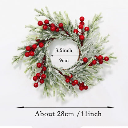 Skiennix Christmas Wreath Candle Rings - 2pcs Artificial Cedar & Cypress with Red Berries | Holiday Table Decor