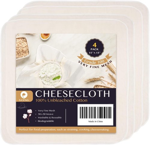 Grade 100 Precut Cheesecloth by [Brand Name] - Ultra Fine Straining & Cooking Cloth | 15 x 15'' 4 Pack, 100% Unbleached Cotton