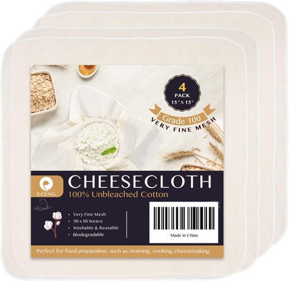 Grade 100 Precut Cheesecloth by [Brand Name] - Ultra Fine Straining & Cooking Cloth | 15 x 15'' 4 Pack, 100% Unbleached Cotton