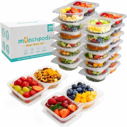 Skiennix Reusable Snack Containers - 20 Pack with Lids for Portion Control | Double Compartment for Kids' Meals