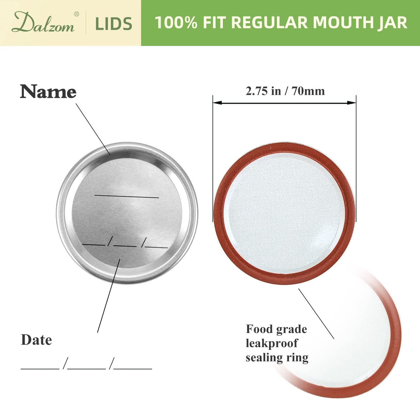 Dalzom® 144Pcs Canning Lids with Rings Regular Mouth, Premium Mason Jar Lids with Rings for Regular Mouth Ball, Kerr Jars - Food Grade Material, 100% Fit & Airtight for Regular Mouth Mason Jars