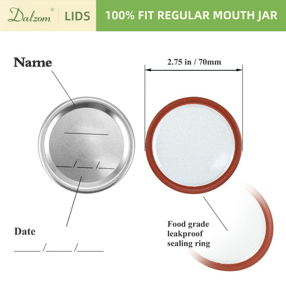 Dalzom® 72Pcs Canning Lids Regular Mouth, Premium Mason Jar Lids for Regular Mouth Ball, Kerr Jars - Food Grade Material, 100% Fit & Airtight for Regular Mouth Mason Jars