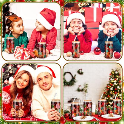 Pine Glass Christmas Cups Set with Lids & Straws - 6 Pack, 16 oz