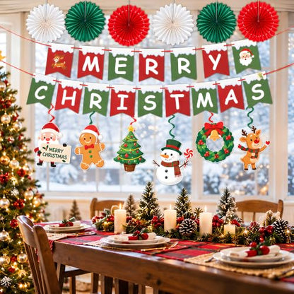Christmas Decorations Set - Red White Green Xmas Banner Paper Fans Swirls & Honeycomb
