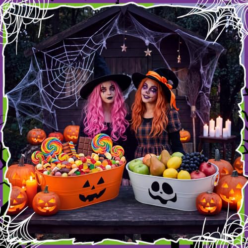 Halloween Galvanized Buckets Set - 4 Gallon Candy & Drink Buckets with Pumpkin Ghost Pattern - Orange & White, Variation: Pumpkin Ghost / Orange, White / 2